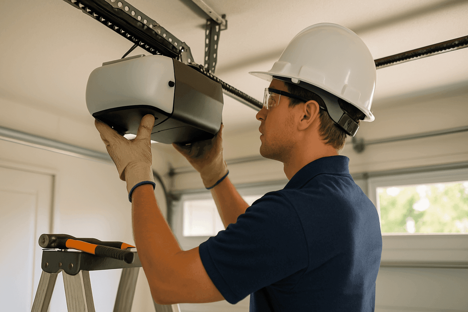 Garage door technician installing a new garage door opener motor unit