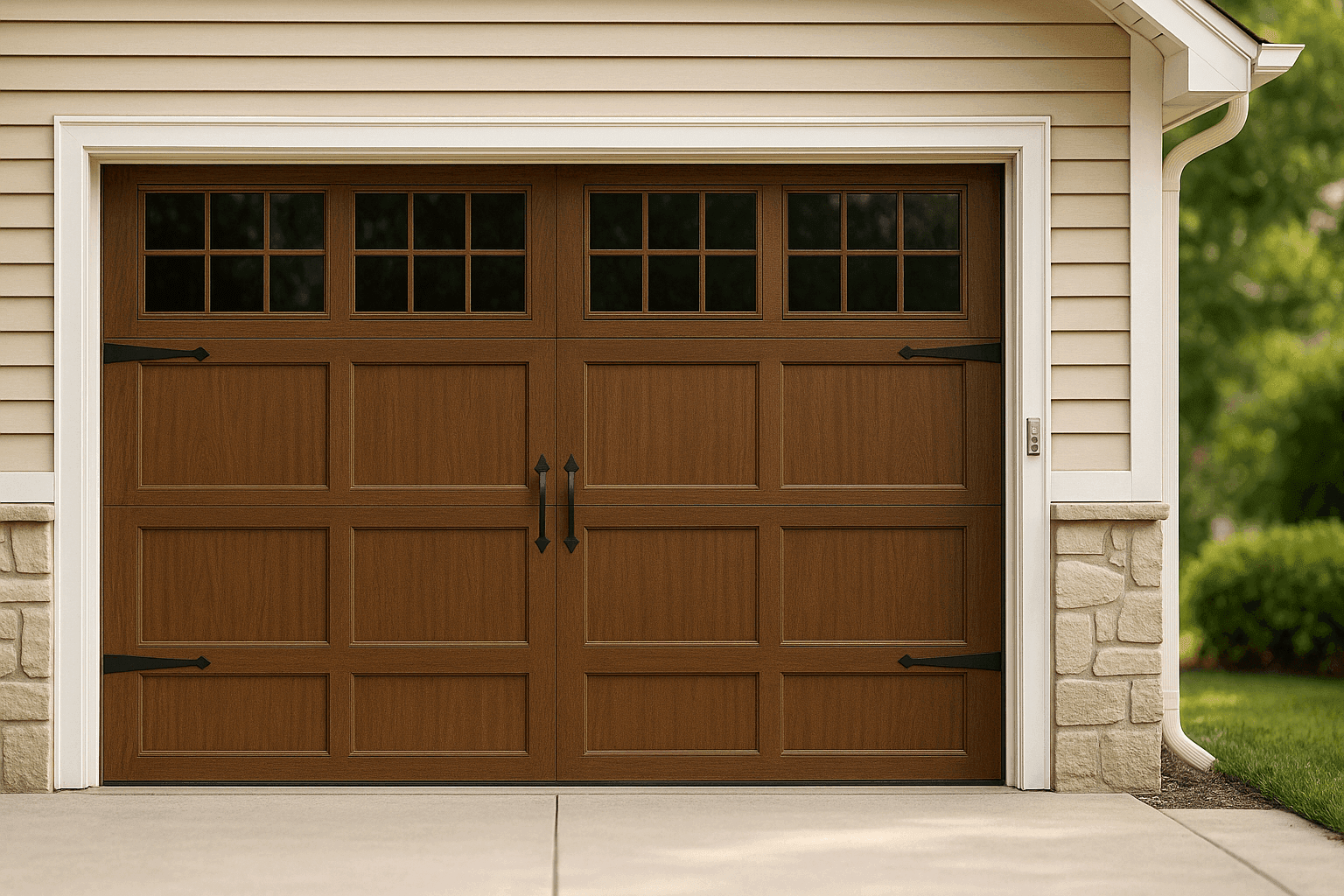 Elegant custom carriage house style garage door with modern hardware