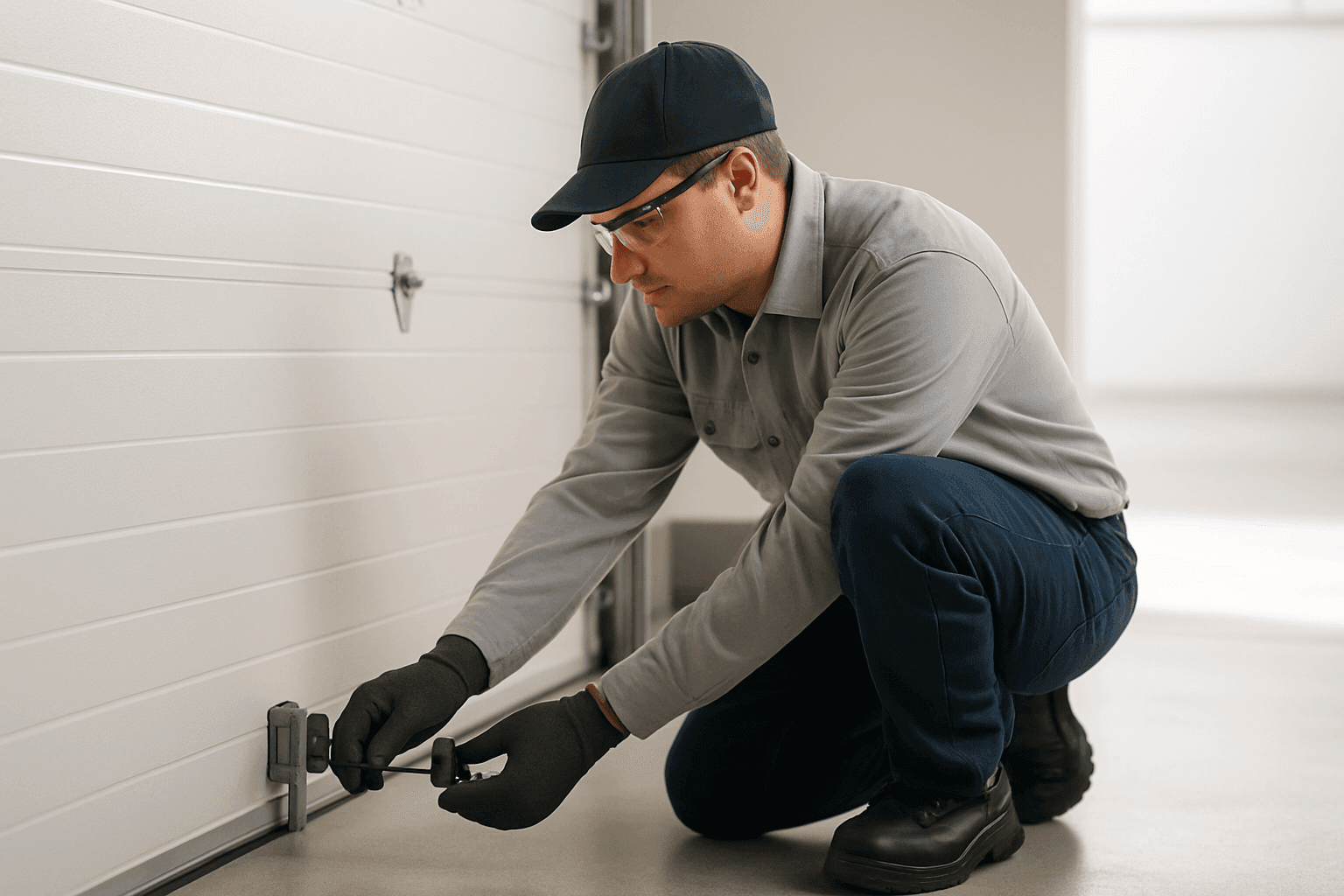 Technician aligning garage door safety sensors at the base of a closed garage door