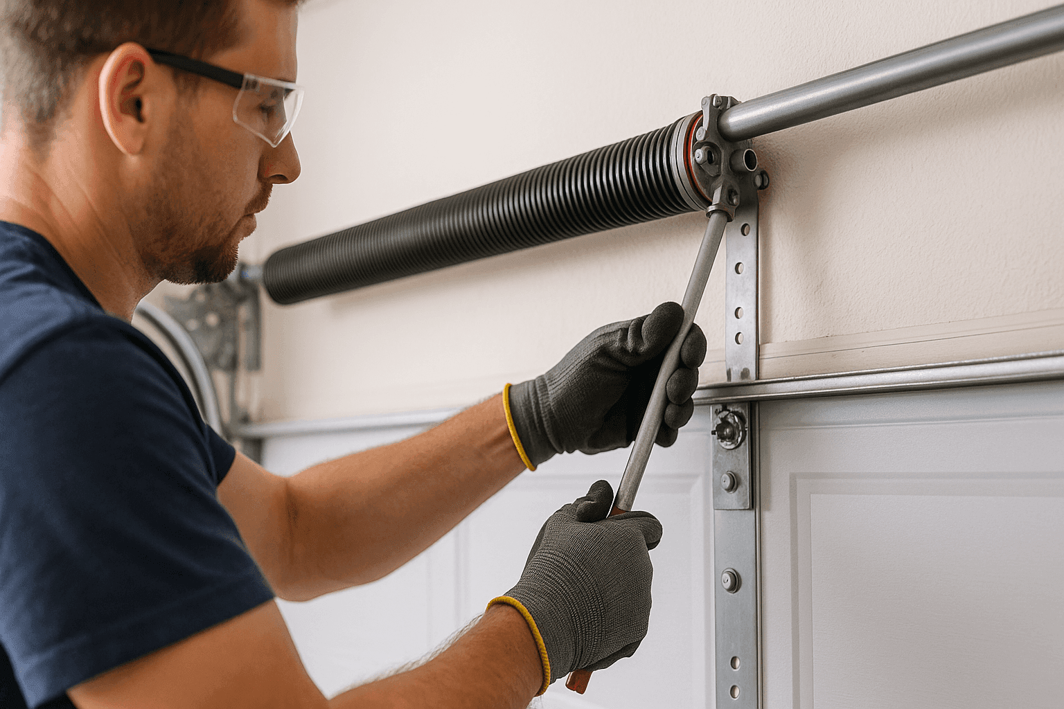 Technician replacing a garage door torsion spring using proper safety equipment