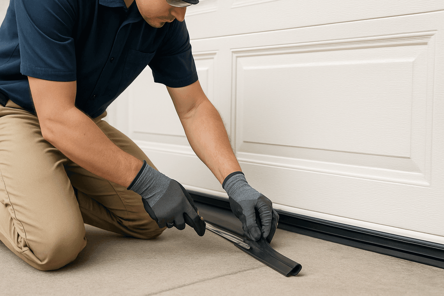 Technician installing new weather seal on bottom of residential garage door