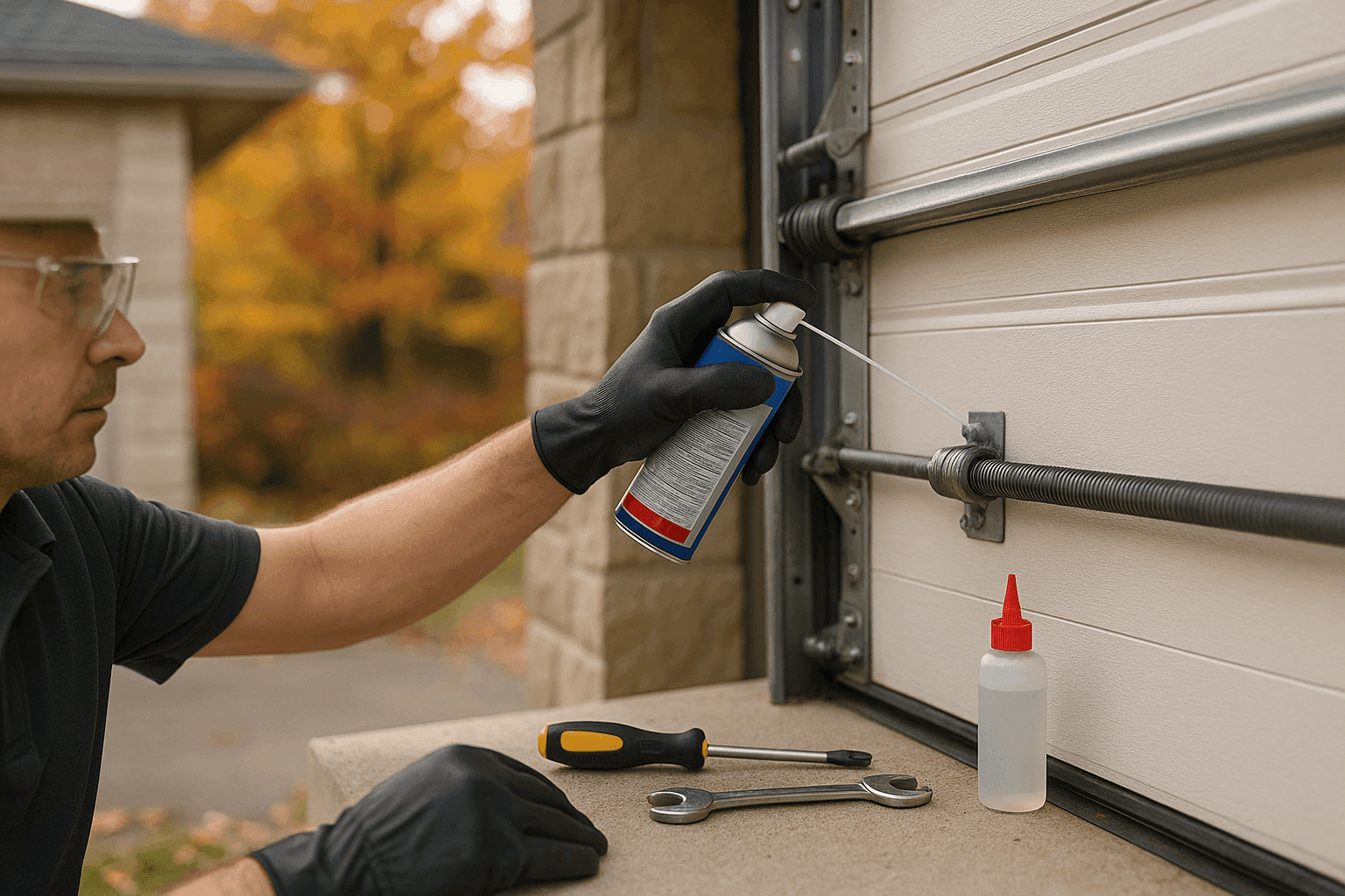 Homeowner applying lubricant to garage door rollers during seasonal maintenance